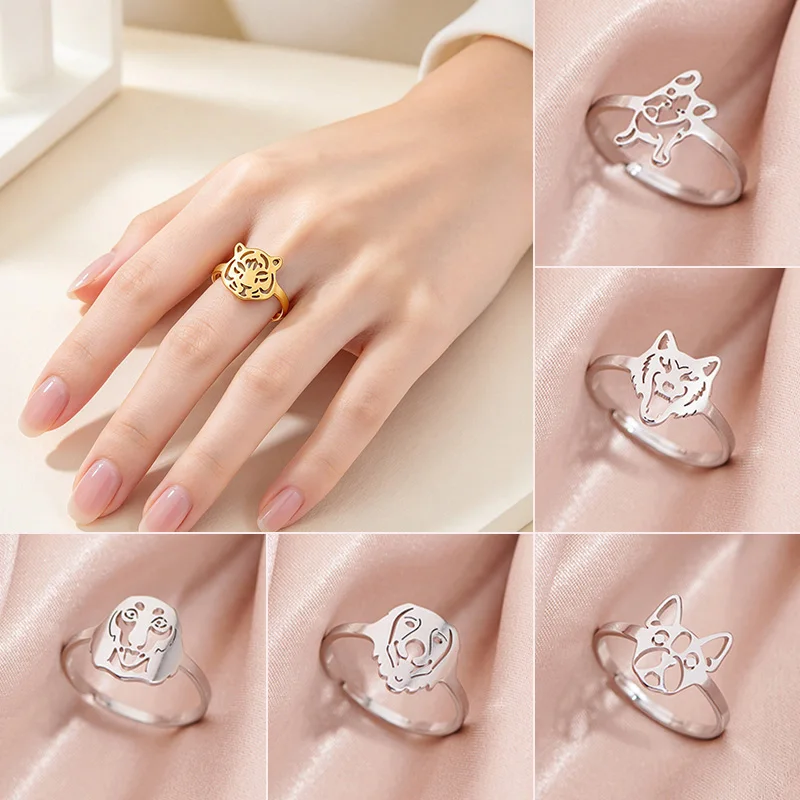 Vintage Stainless Steel Tiger Wolf Ring French Bulldog Finger Jewelry Girls Halloween Party Animal Rings Gifts Accessories