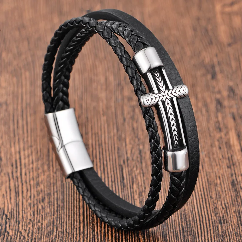 Black Leather Rope Cowhide Mens Double Layer Stainless Steel Genuine Leather Woven Bracelet Handmade Multi Layer Leather