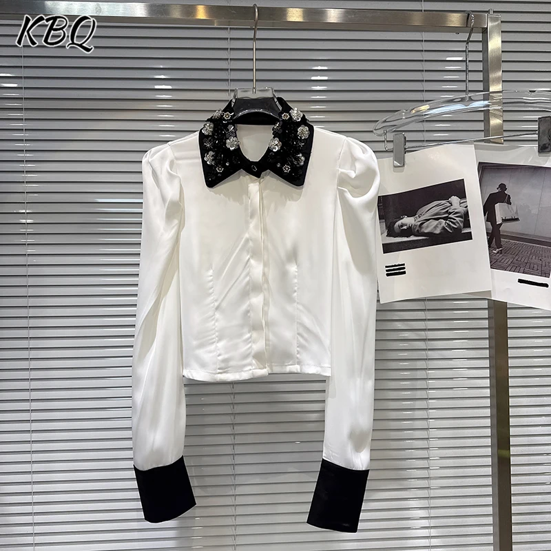 

KBQ Solid Spliced Sequins Embroidery Loose Blouse for Women Lapel Long Sleeve Temperament Shirt Female Fashion Style Winter New