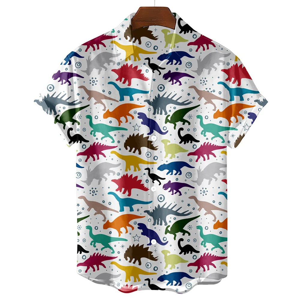 Men\'s Hawaiian Simple Shirt Cute Cartoon Dinosaur Print Lapel Oversized Casual Clothing Short Sleeve Fashion Animals Blouse