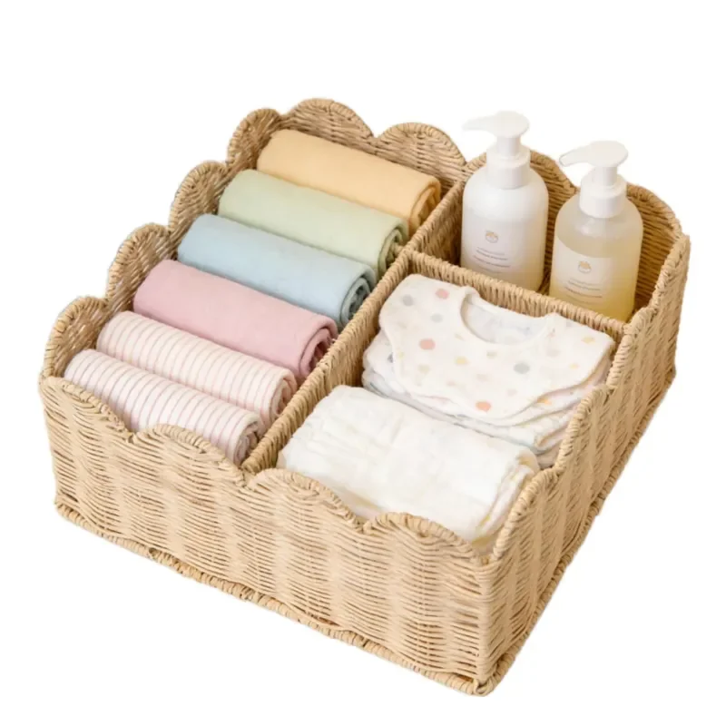 Quincry rattan natural divider scalloped diaper basket 15 deep X 13.2 wide X 5.3 high 4 baffles for baby rooms and bathrooms