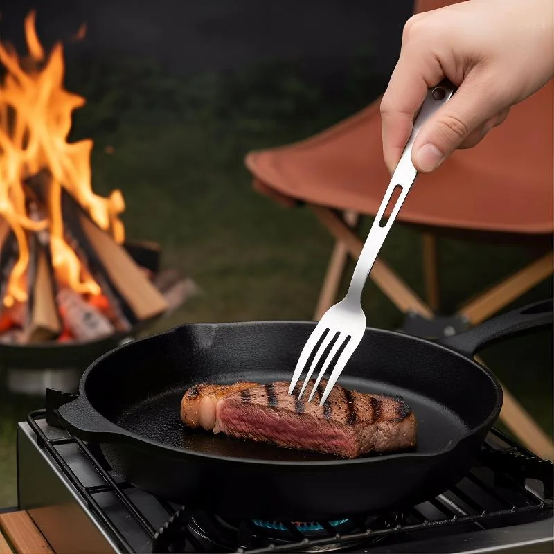 [J] 3Pcs Portable 430 Stainless Steel Tableware With Carabiner Outdoor Camping Picnic Knife Fork Spoon Set Travel Tableware