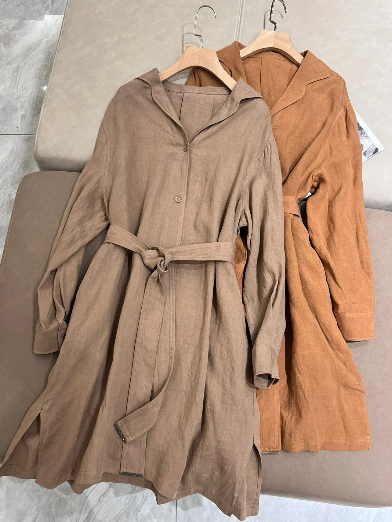 Spring casual loose long sleeve belted linen dress