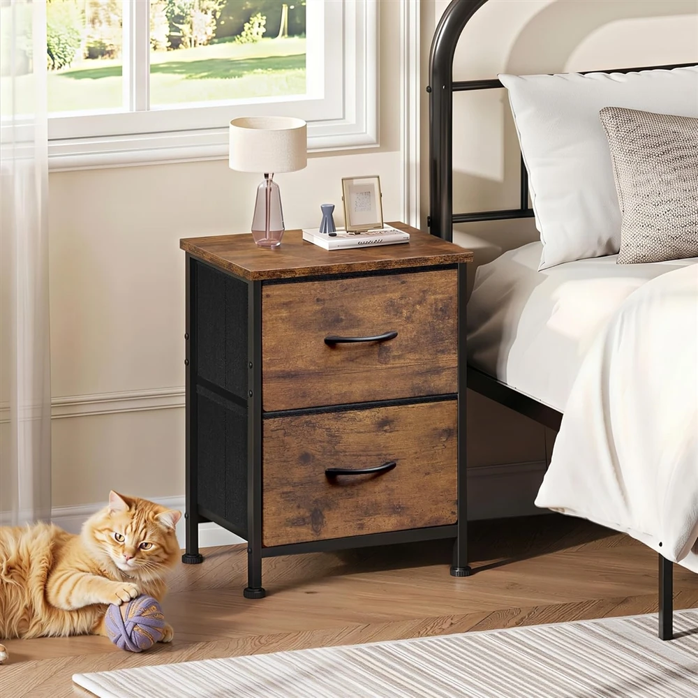 Factory Direct Contemporary Living Room Nightstand with 2 Fabric Drawers Wooden Bedside Table Storage Cabinet