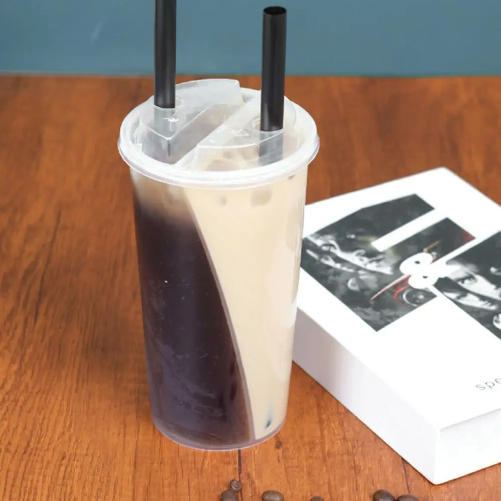 Dual Flavor Takeaway Drink Cup S Shape Partition PP Container Leakproof Lid For Cold Beverage Juice Bubble Tea
