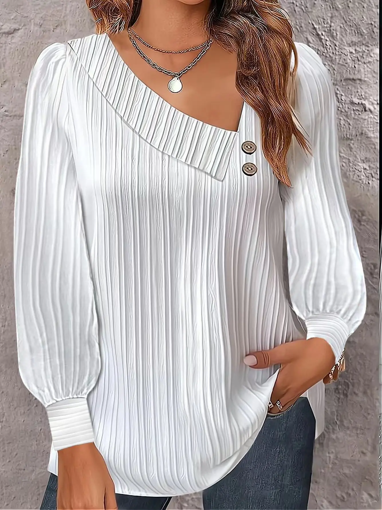 

T-shirt for Women Fall Fashion V-neck Buttons Solid Color Long-sleeved Commuter Casual Blouse