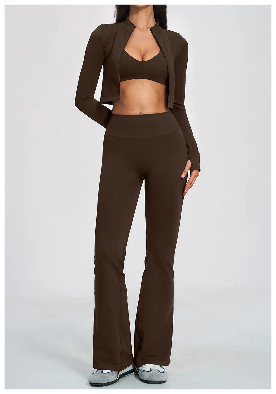 Damen-Trainingsanzug 3-teilig, Yoga-Anzug, nahtloses Sportset, ausgestellte Leggings, Fitness- und Laufoutfit, langärmelige Sportjacke, Yoga-Bekleidung – Detail 16