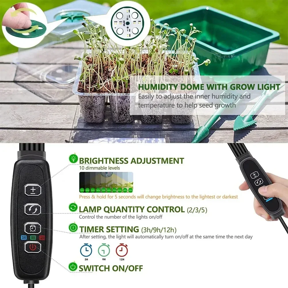 LED Nursery Pots With 8Led Grow Light Plant Seed Starter Trays Home Greenhouse Growing Lamp Timer Kit Controller with 12 Hole