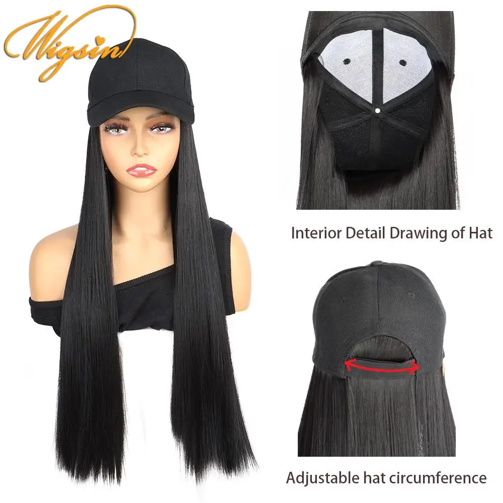 WIGSIN 24Inch Long Straight Synthetic Wig Baseball Cap Hair Extensions Hat Wigs Black Brown Adjustable Hairpiece for Women