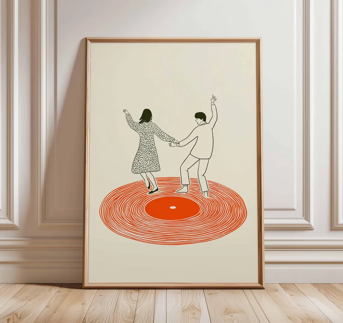 Dancing Couple Wall Art Canvas Print Retro Record Player Poster Modern Music Inspired Illustration for Home Bar or Living Room