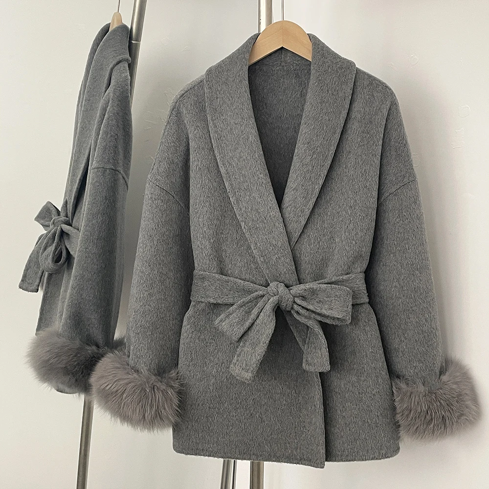 Reality Fur Coat Women Woolen Lady Overcoat Fox Fur Wool Coat Patchwork Wool Coat Mongolian Fur Women Wool Jacket Autumn Spring