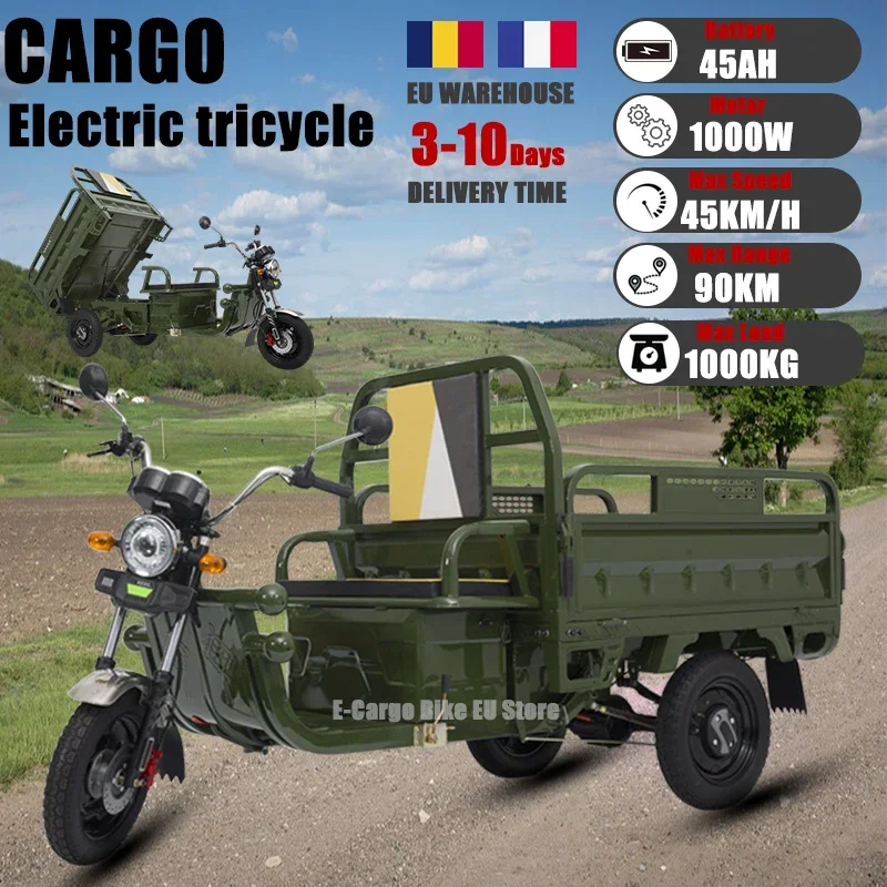 Electric Cargo Tricycle 1000W 60V 45AH Adult Electric Trike 3-Wheel Scooter With Loading Car Hopper Moped Truck Max Speed 45KM/H