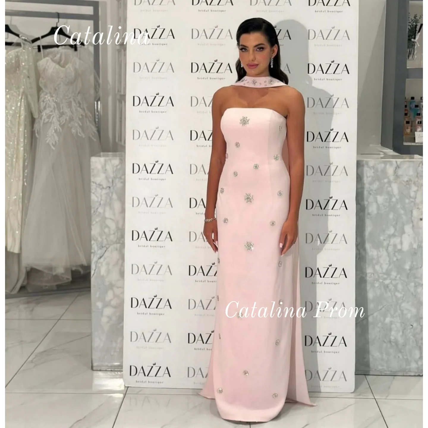 Strapless Prom Dresses Sequins Saudi Arabia Sleeveless Evening Dress Pink Women's Formal Request Party Wedding Dress Customized