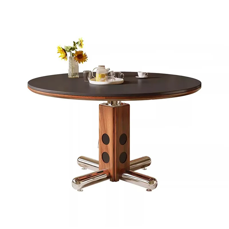 

Dining table medieval ash wood, rock slab round table solid wood stainless steel small apartment simple dining table