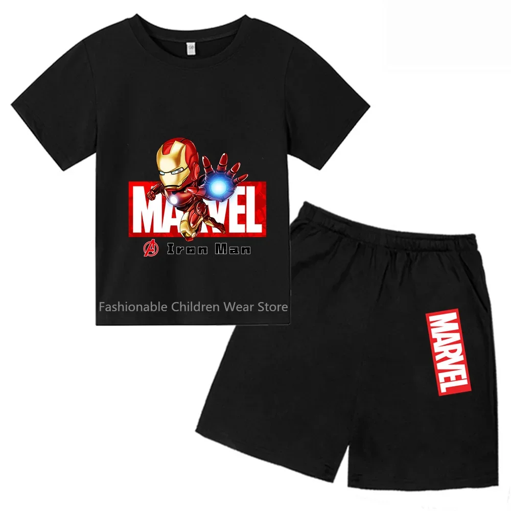 New Marvel Avengers Q-Style Iron Man Cartoon Print Kids' T-shirt + Shorts Combo - Trendy & Refreshing for Summer Leisure