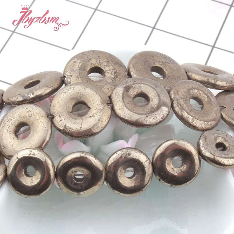 Natural Pyrite Beads Donut Stone Loose Beads for DIY Necklace Bracelet Jewelry Making Strand 15 Inch 12/16/18/20mm Free shipping