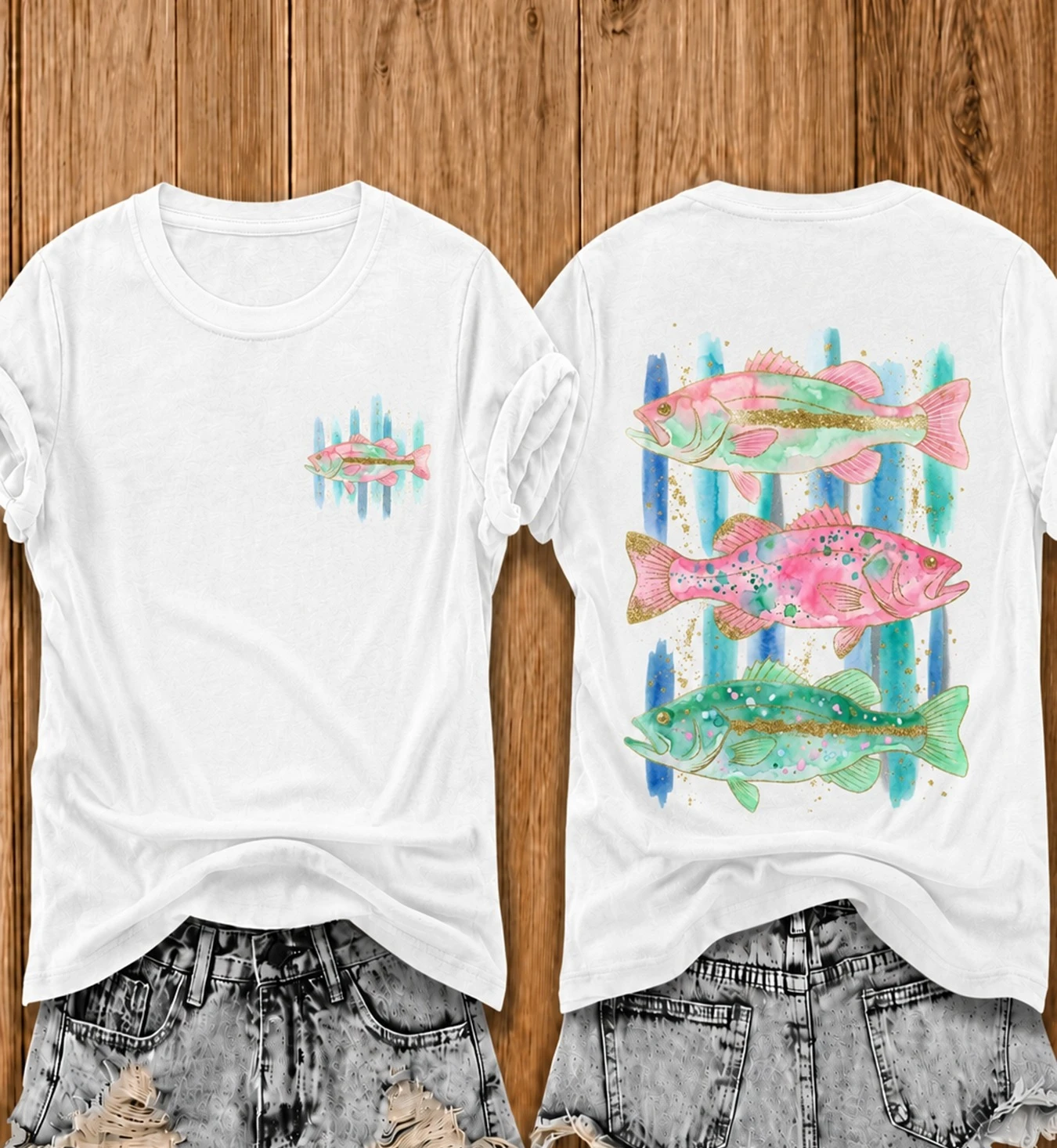 Pastel Fish Print T Shirt Women Double Sided Aqua Blue Stripe Graphic Tee Cute Summer Beach Wear Short Sleeve Fashion Casual Top