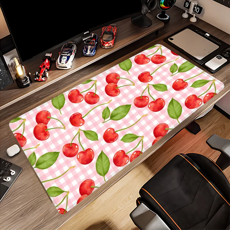 Cherry Print Mouse Pad - XXL Rubber Gaming Mat, Non-Slip Oblong Desk Pad with Tartan Design, Office & Home Accessories, Durable