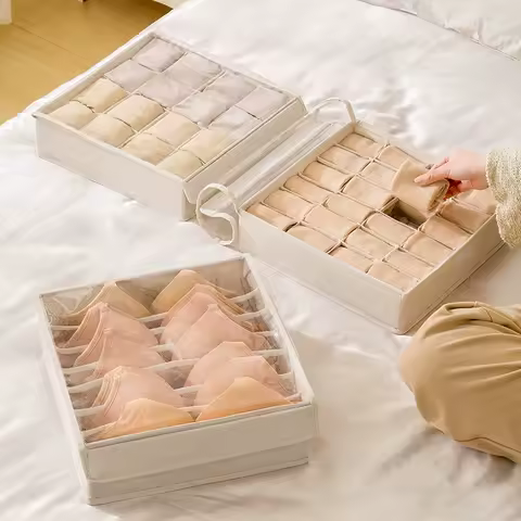 Household Transparent Flip Top Washable Underwear Storage Box, Dormitory Drawer Style Fabric Grid Clothing Sorting Box