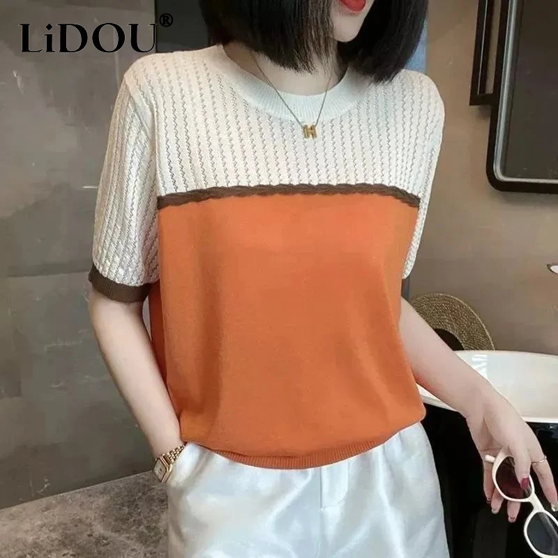 

2023 Summer New Round Neck Short Sleeve Jacquard Weave Hollow Out T-Shirts Women Contrast Color Loose Casual Knitting Pullovers