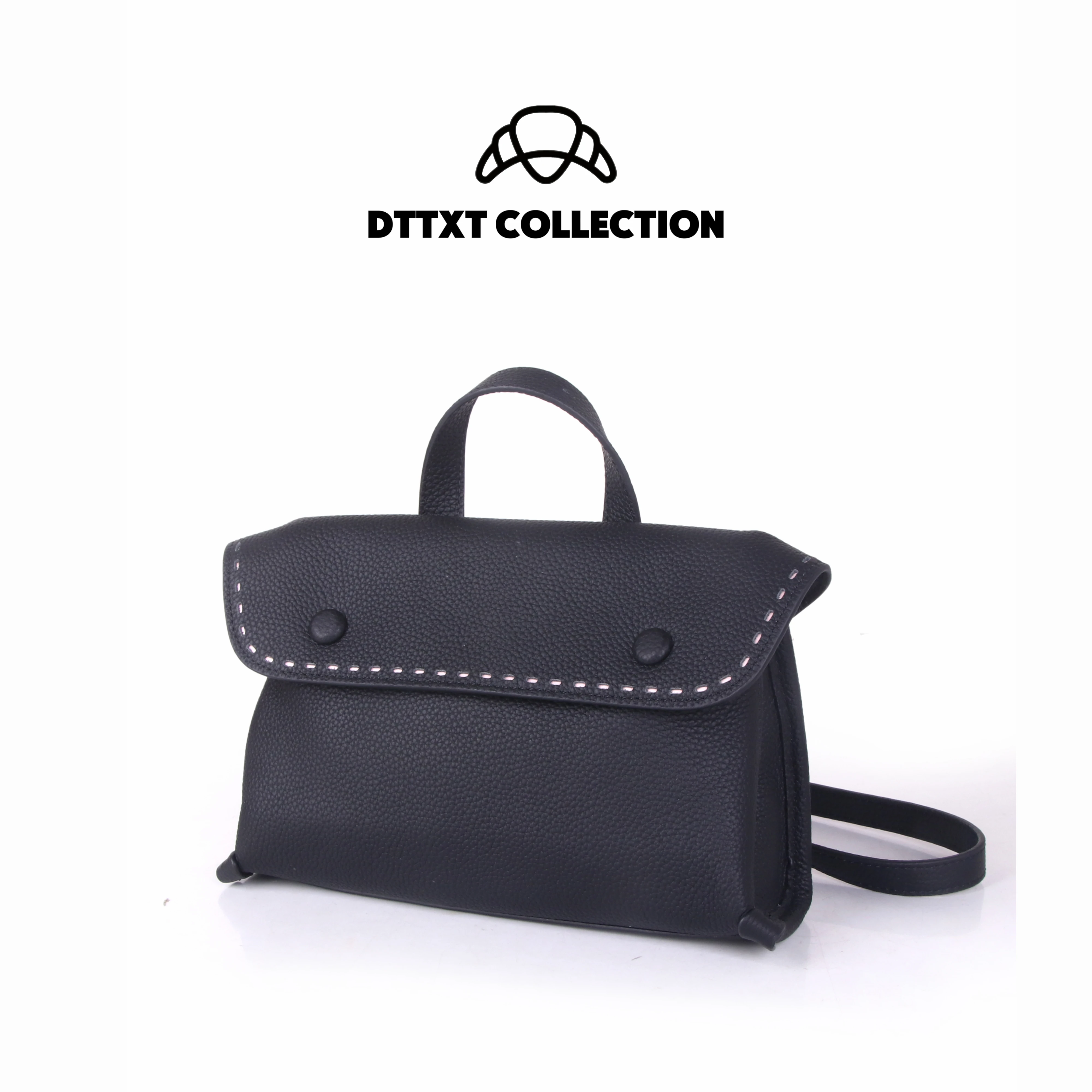 

DTTXT Collection Women First Layer Cowhide Flap Handbag - Real Cowhide Leather Stitched Edge Crossbody Shoulder Bag