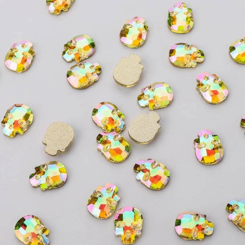 144Pcs 6x8mm Skull Shaped Crystal Glitter Glass Diamonds Gold Flatback Rhinestones Design Accessories For Nail Art Decorations