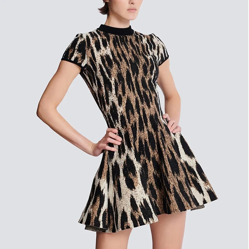 

Leopard Print Slimming Mini Dress Round Neck Short Sleeves High Waist Casual Bodycon Dress For Women Party Date Night Summer