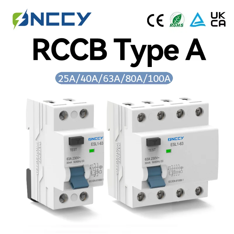 ONCCY RCD 2P 4P Residual Current Circuit Breaker 30mA 100mA 300mA Electromechanic RCCB Type A 40A 63A 80A100A Din Rail 220V 10KA