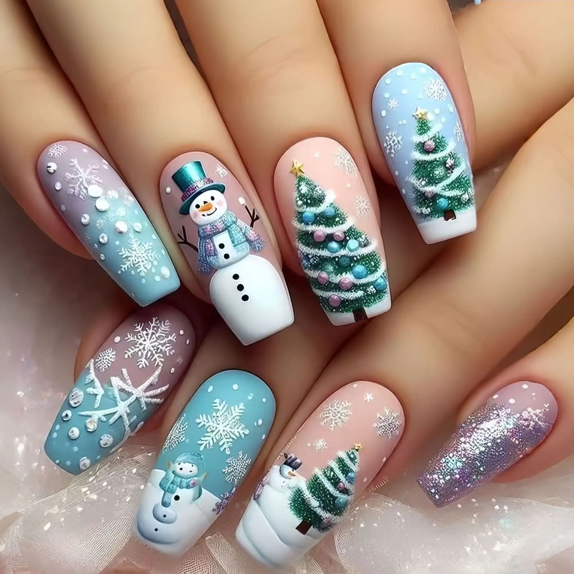 

Press on Nails Christmas Cute Elk Man Snowman Fake Nail Tips Wearable Merry Christmas Tree False Nails Coffin Head 24pcs