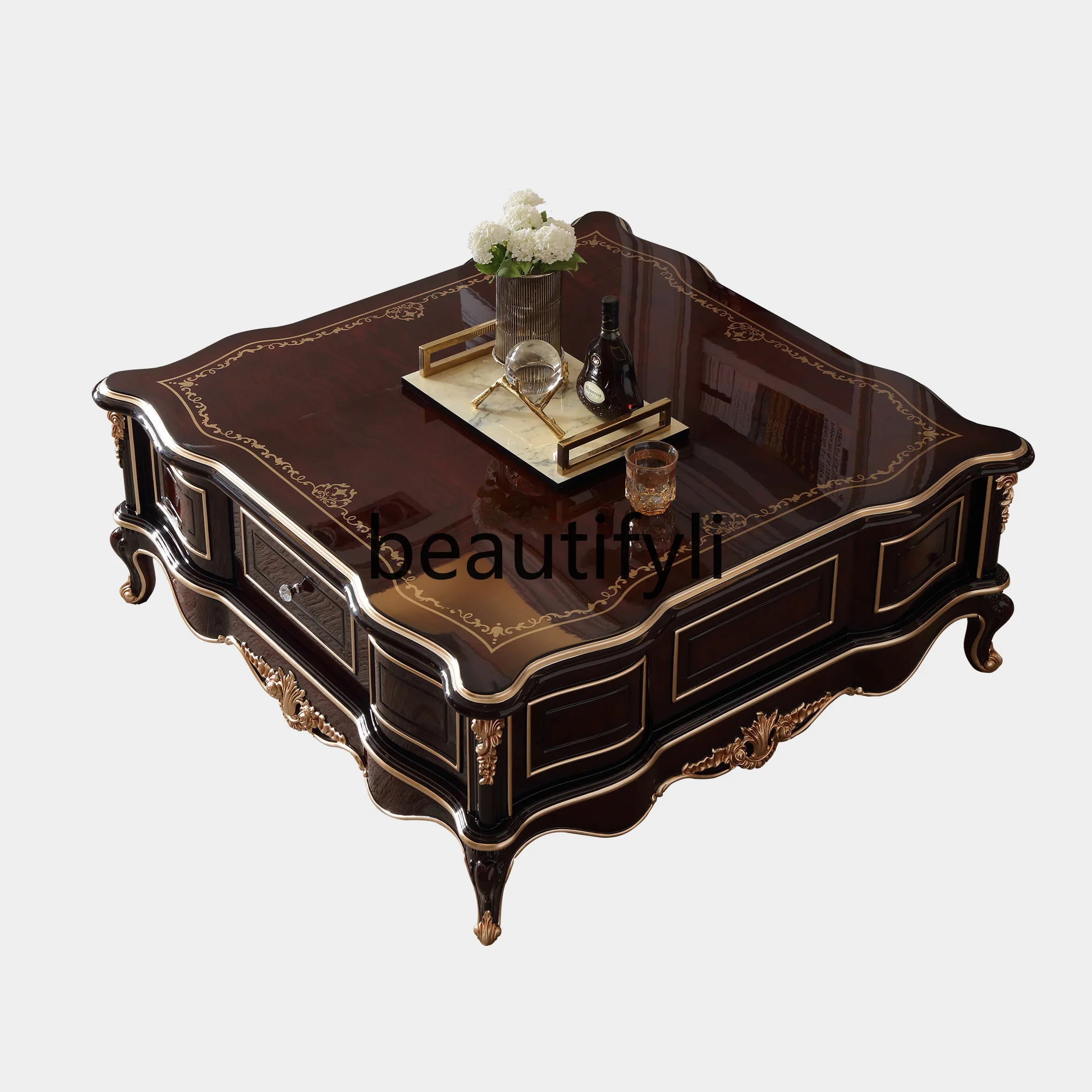 

French neoclassical luxury European living room solid wood carving flower coffee table