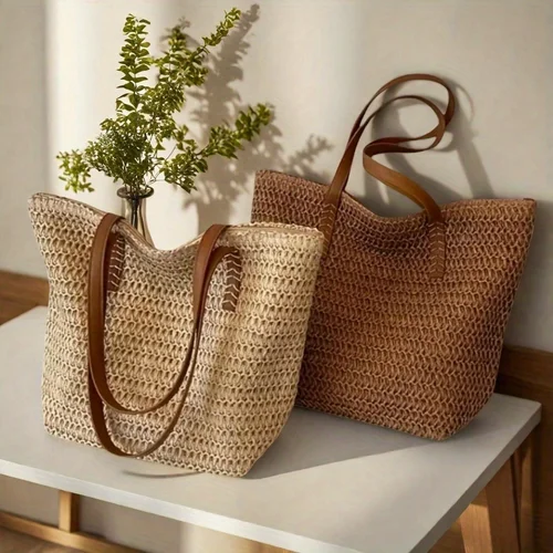 Imagen 1 del producto Bolso tejido de mujer moderno y versátil con cremallera para viajes, bolso de playa de gran capacidad, bolso