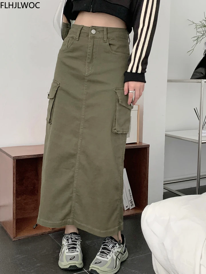 Army Green Denim Maxi Skirt A-Line Autumn Women's