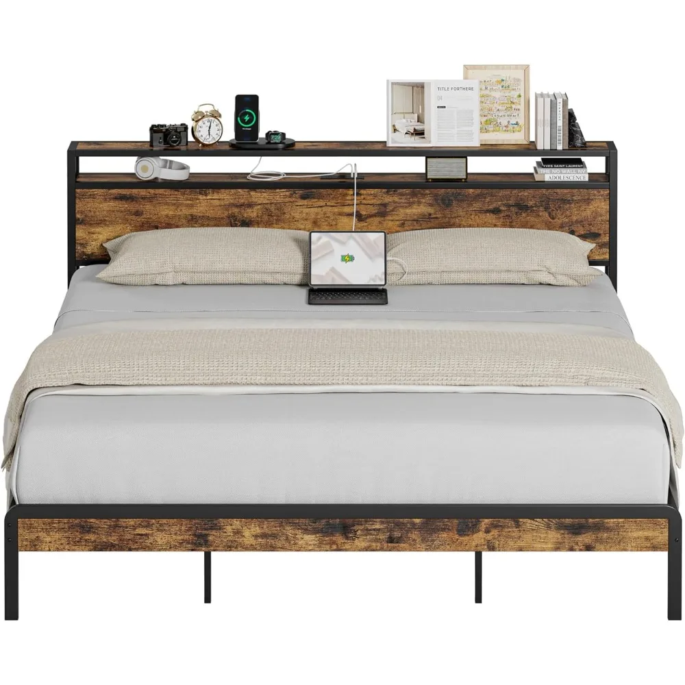 

IRONCK Bed Frame,Platform Bed with 2-Tier Storage Headboard and Power Outlets, USB Ports Charging Station, Sturdy and No Noise,