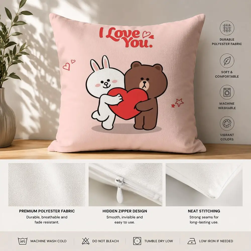 B-Brown Bear And Cony Cushion Cover 40x40cm Square Decorative Sofa Cushion Cover Bedroom Living Room Home Decor Gift