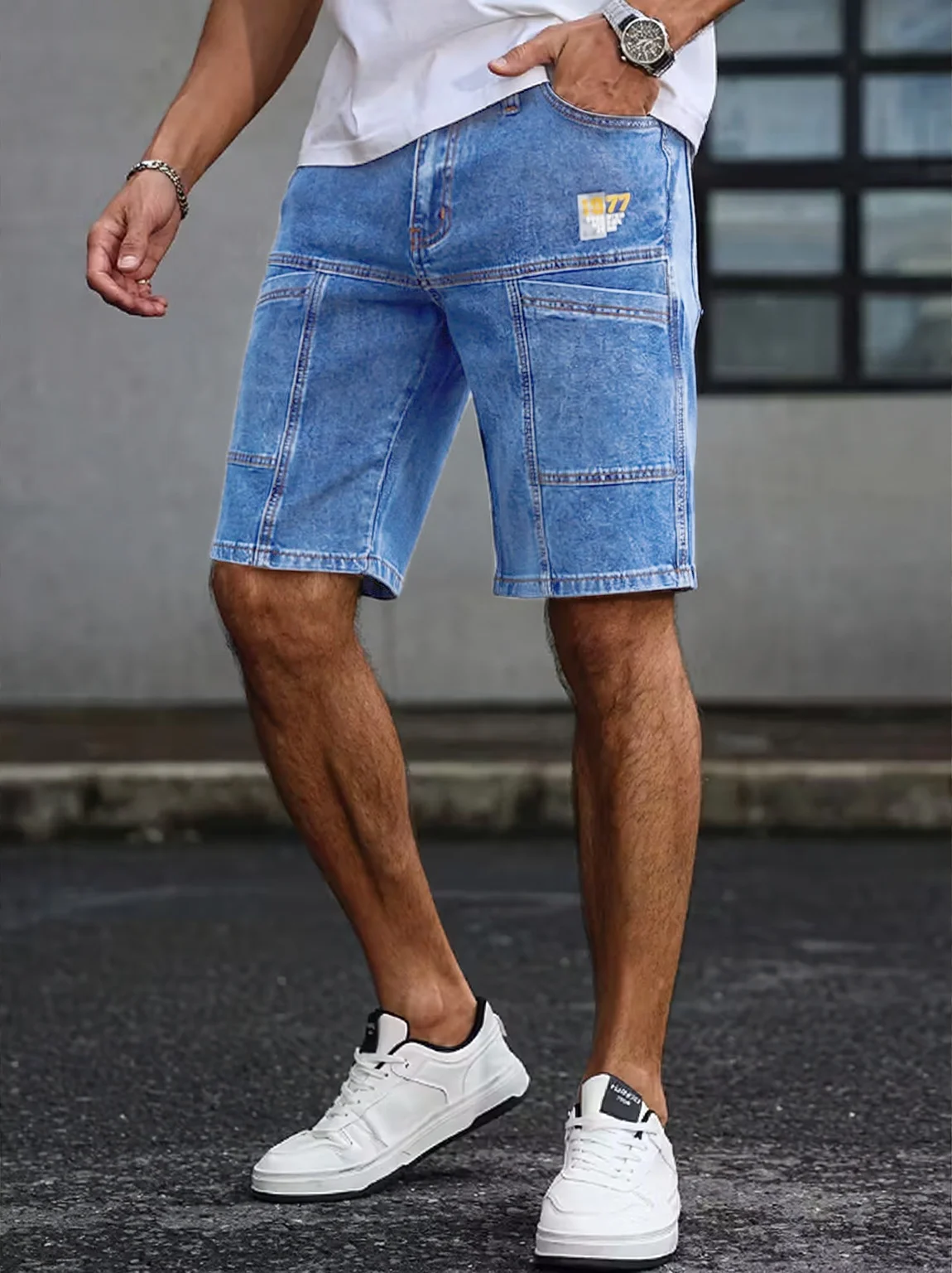 

Men's Summer Loose Straight Denim Shorts American Workwear Patchwork Style Casual Cargo Mid-Rise Shorts