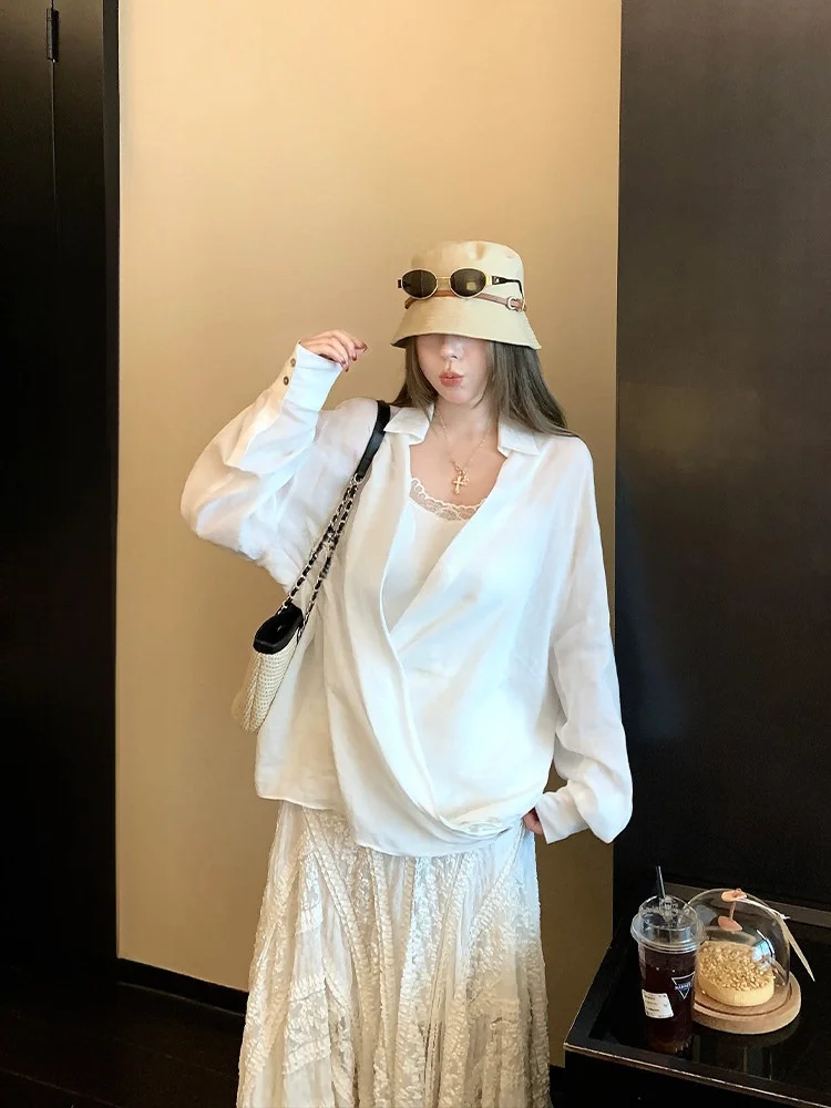 

Luu Lazy Lace Trim Loose Women's Shirt And Top Set Spring Autumn White Ruffle Sleeve V Neck Breathable Comfortable Korean Style