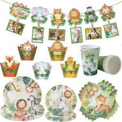 NEW Jungle Birthday Party Decor Palm Leaves Cartoon Animals Disposable Tableware Cupcake Decor Wild One Birthday Party Supplies