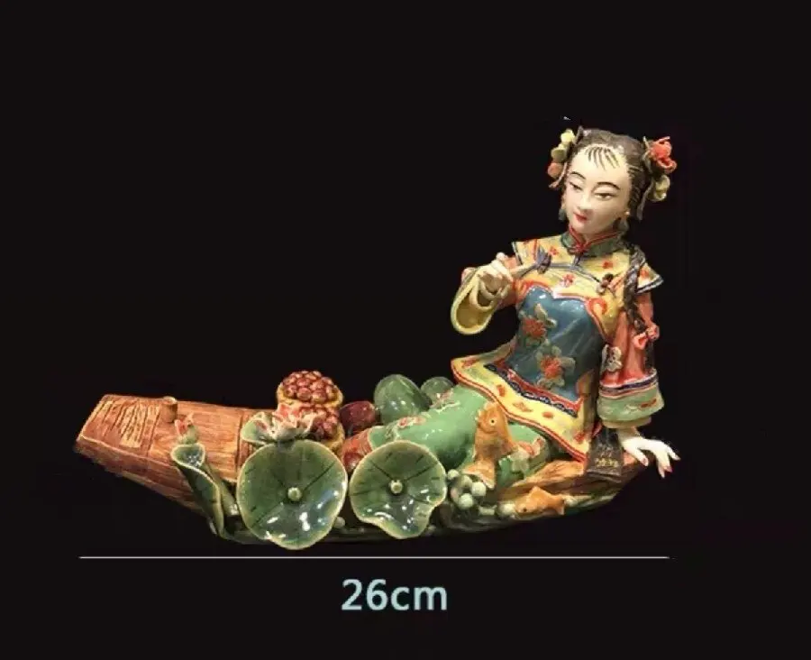 Shiwan ceramic doll smooth boat lotus leaf lady handmade ornaments door living room wine cabinet antique rack restaurant fishing