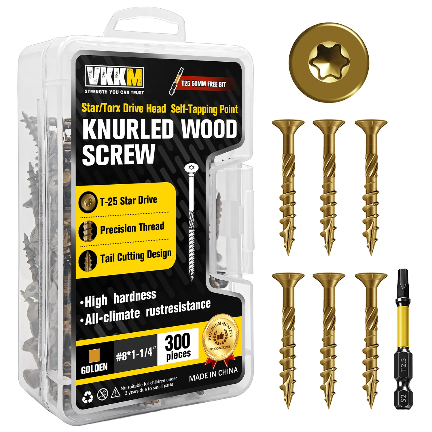 #8 x 1-1/4 Inch Knurled Wood Screws T25 Torx Flat Head Self Tapping Screws 300Pcs with T25 Bit for Deck Fence Woodworking