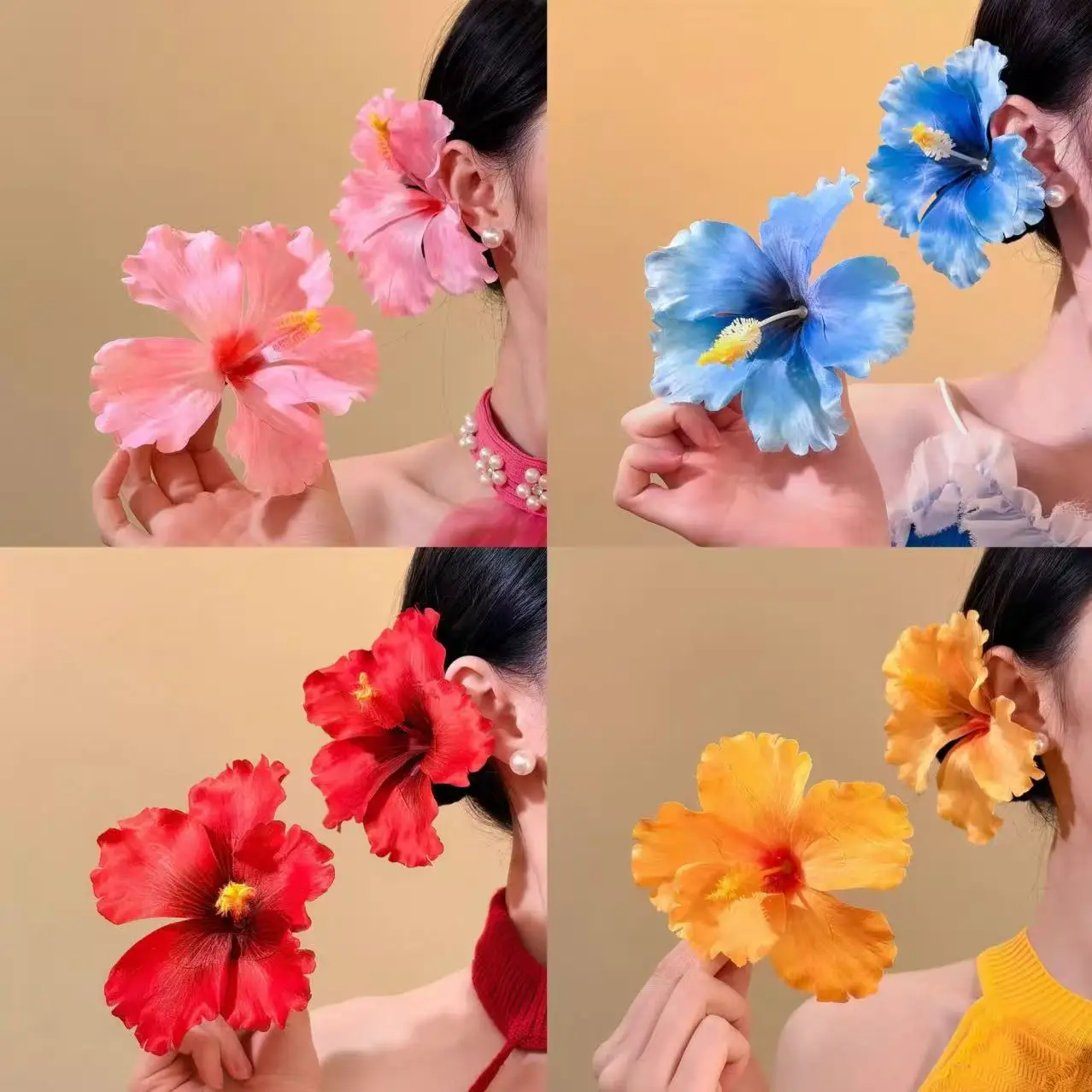YHJ Hawaiianischer Stil 2-teilige Hibiskus-Blumen Simulierte Stoffblumen Haarspangen Haarklammern Strandurlaub Entenschnabel-Clip Haaraccessoires