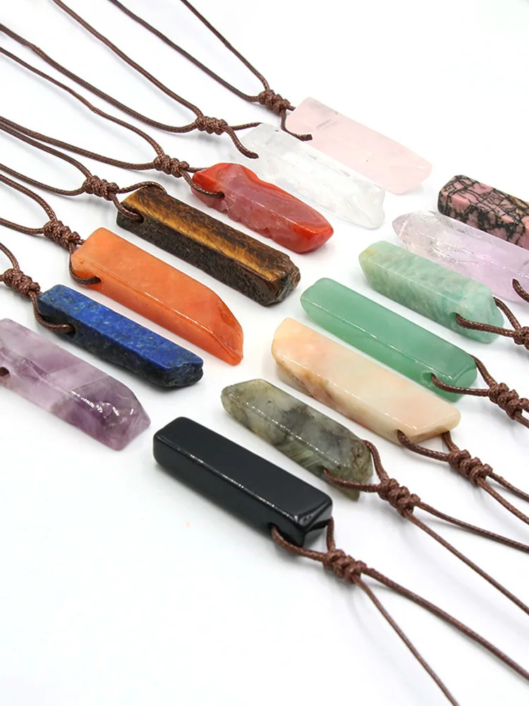 CSJA Healing Crystals Necklaces Irregular Natural Stone Slice Pendant Necklace Pink Quartz Labradorite Tiger Eye Jewelry H090