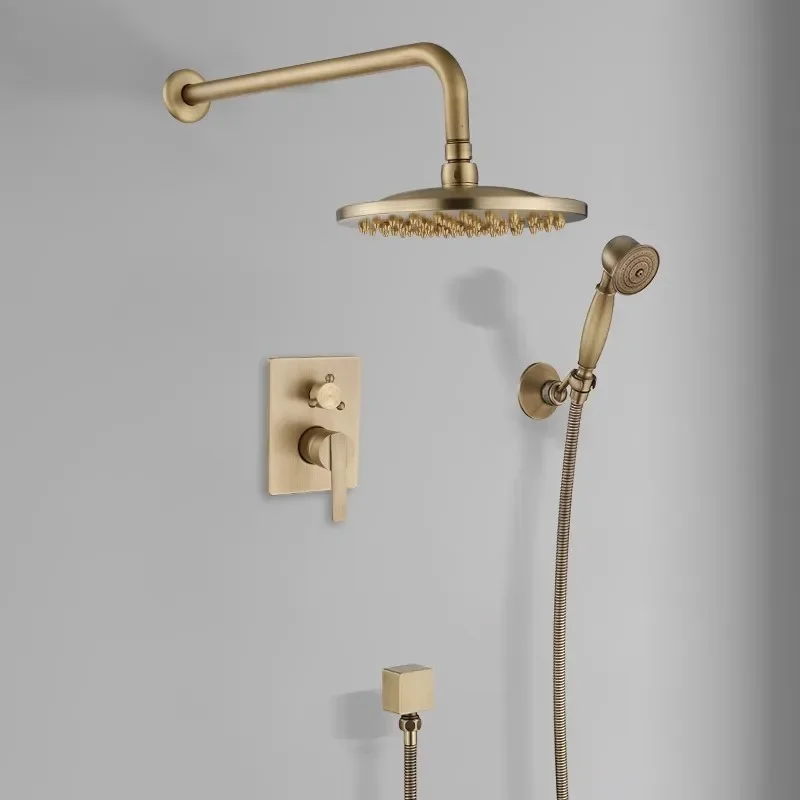 Antique Bathroom Shower Faucet Set Brass Shower   With 10 Inch Round  Head Bathroom Wall  Kit