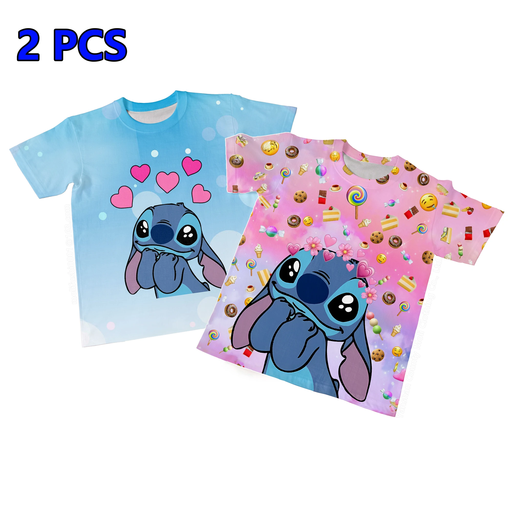 2-delig Disney Stitch T-shirt voor kinderen Cartoon 3D-bedrukte korte mouw Meisjes Leuke top Jongens Veelzijdige vrijetijdskleding Mooie T-shirts