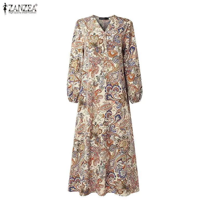 ZANZEA Vestido Maxi con Estampado Paisley para Mujer, Estilo Musulmán Modesto, Hijab, Cuello en V, Mangas Largas Tipo Linterna, Abaya Holgada, Túnica Islámica