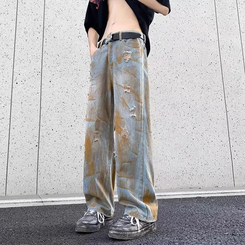 

Рваные винтажные мужские джинсы с широкими штанинами, повседневные прямые брюки, летние американские ретро-джинсы в уличном стиле, свободные, крутые, в стиле хип-хоп