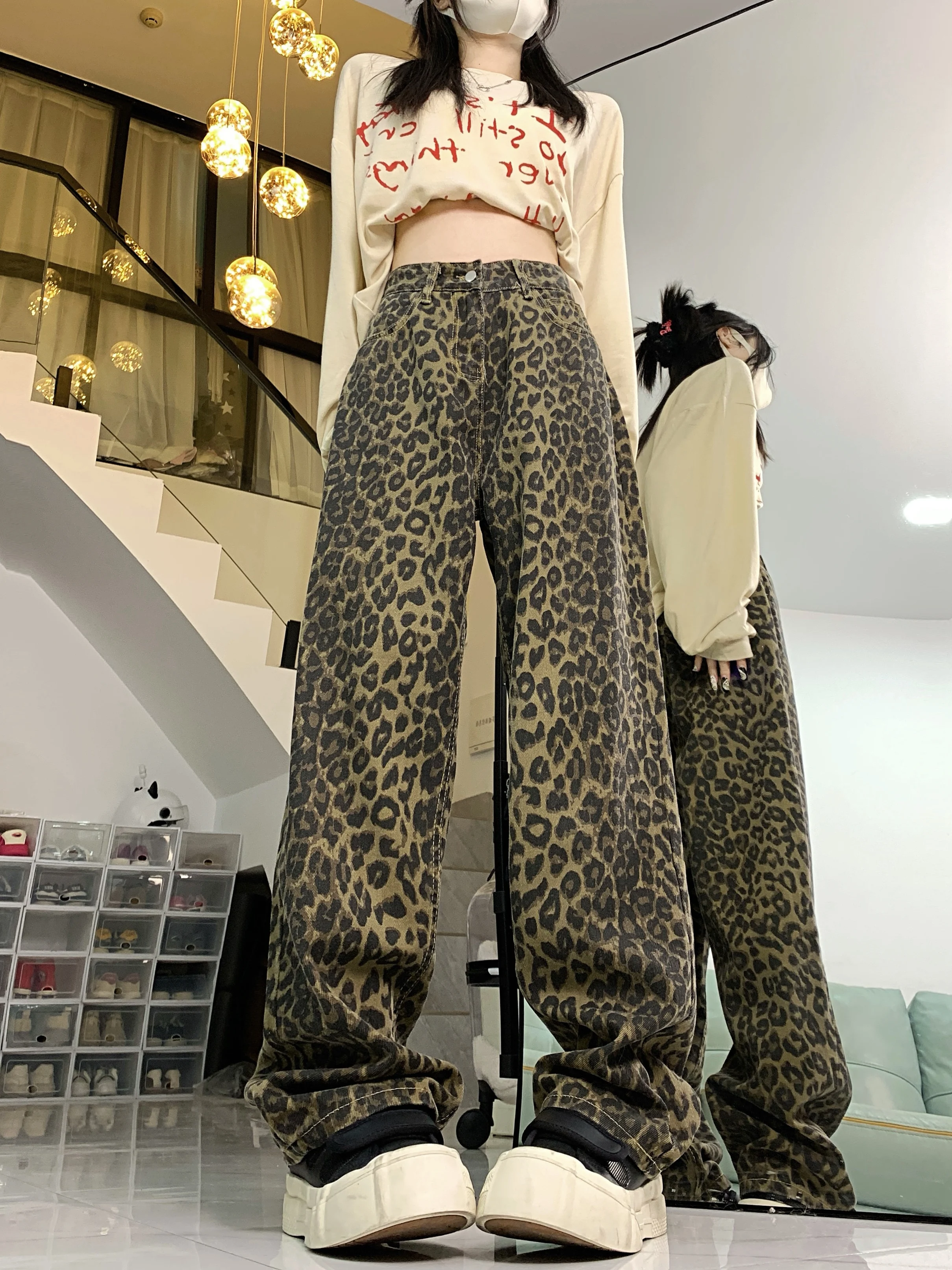 Imagem -03 - Retro Luxo Americano Leopardo Estampa Y2k Jeans para Mulheres Streetwear Solto Estilo Coreano Largas Largas Largas Largas Mulher