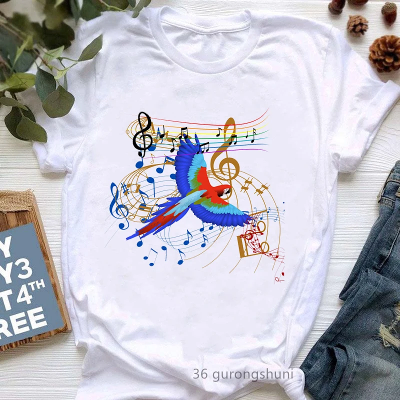 Parrot Flying Among-St Musical Notes Print T Shirt Women'S Clothing Funny Music Lover Tshirt Femme Kawaii Clothes Summer T-Shirt