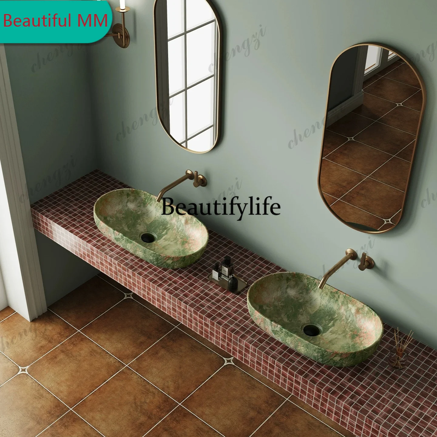 P182 P182 natural travertine countertop basin retro green art texture hotel homestay home villa wash basin