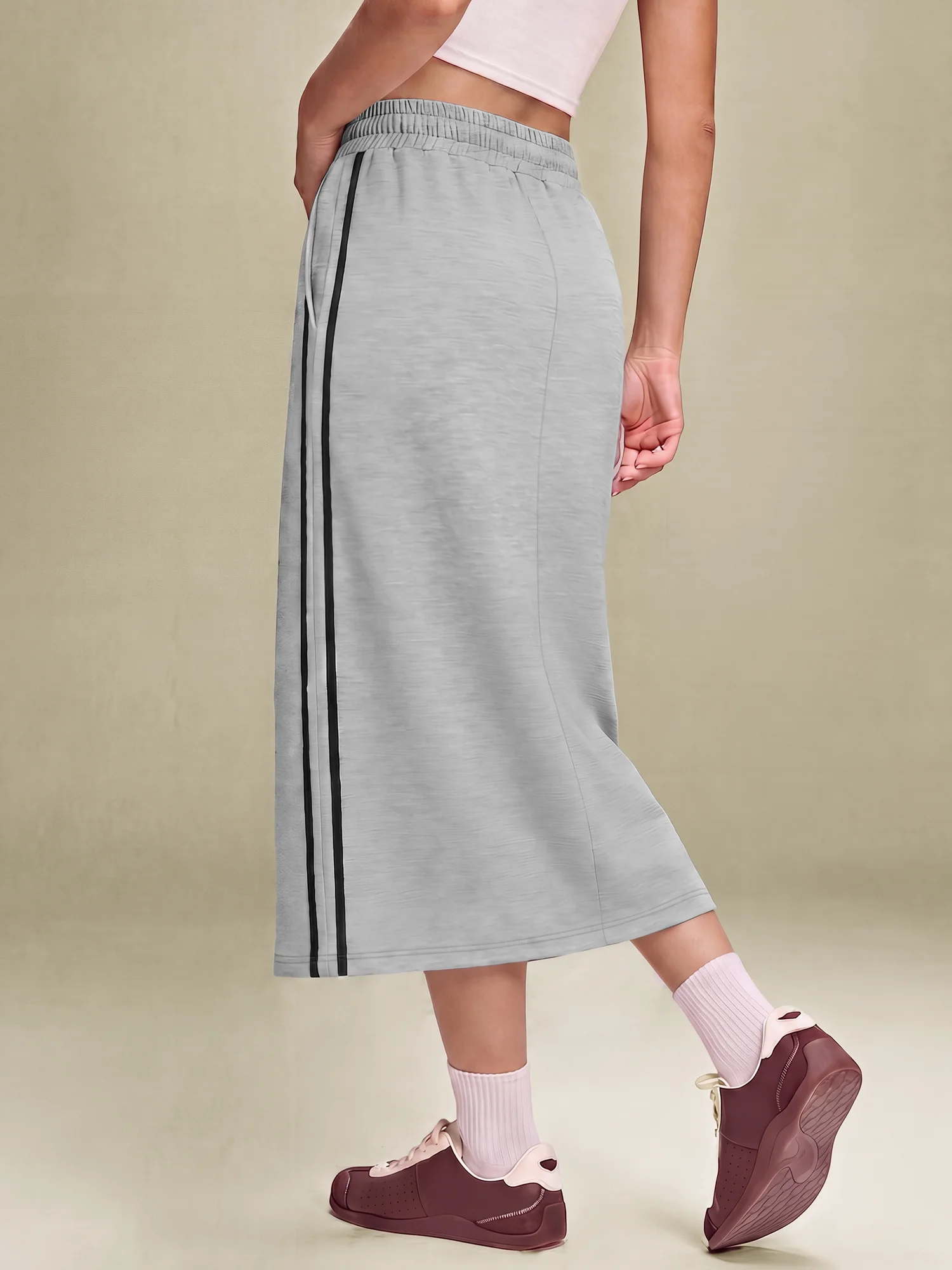 Basic Daily Women Sweat Skirt Elastic Drawstring Waist Side Slit Double Stripes Midi Pencil Skirt Sport Street Bottom