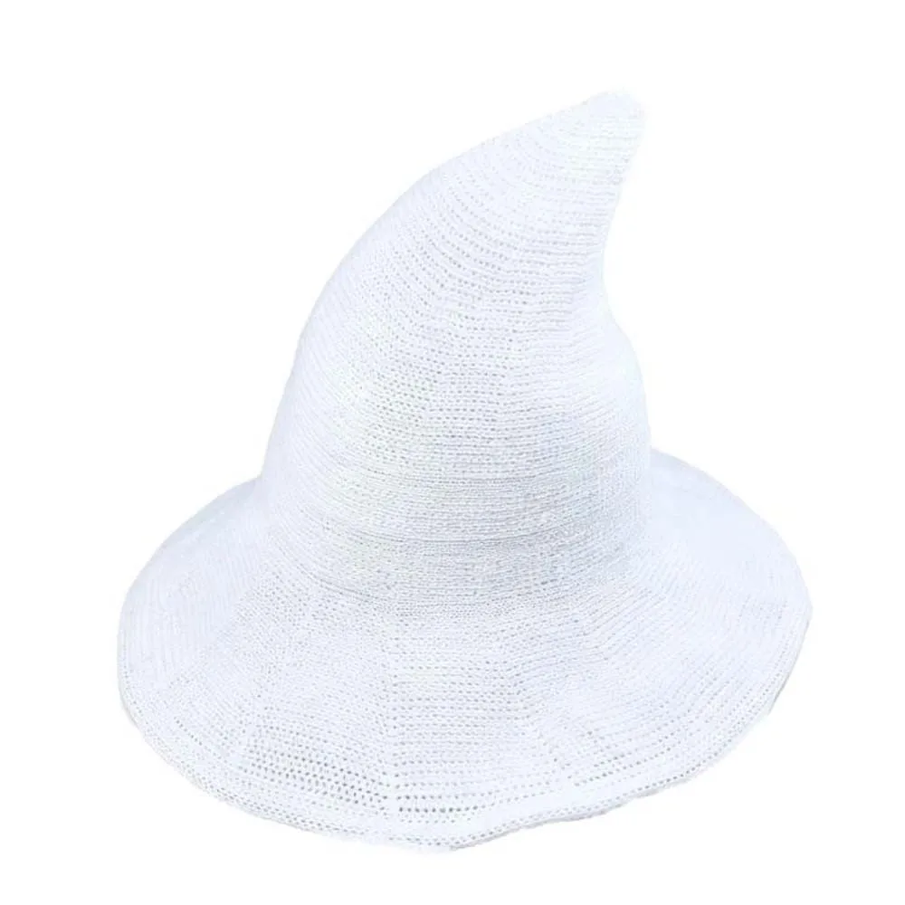 Cosplay Headpiece Knitted Witch Hat Wide Brim Solid Color Wizard Cap Pointed Top Crochet Texture Pointed Bonnet Halloween Party